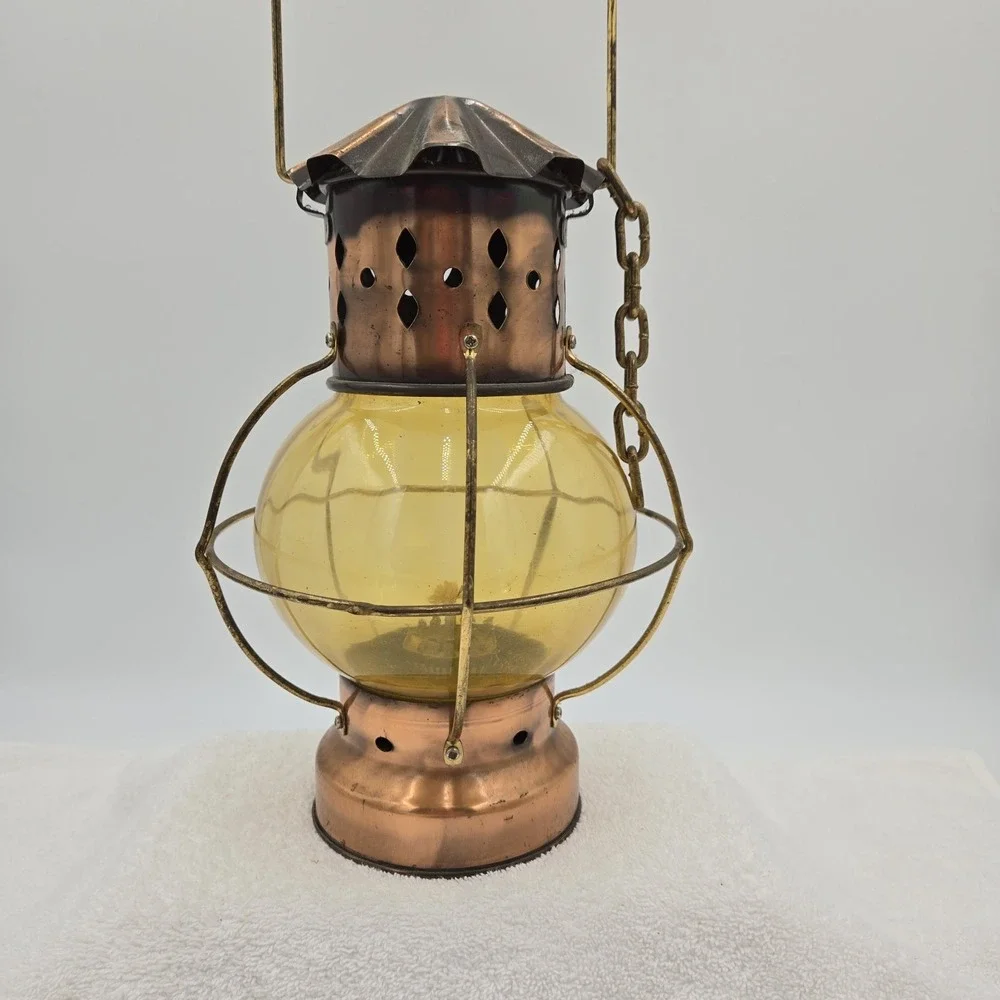 Vintage Copper Hanging Kerosene Oil Lamp Orange Amber Glass Globe Sea World